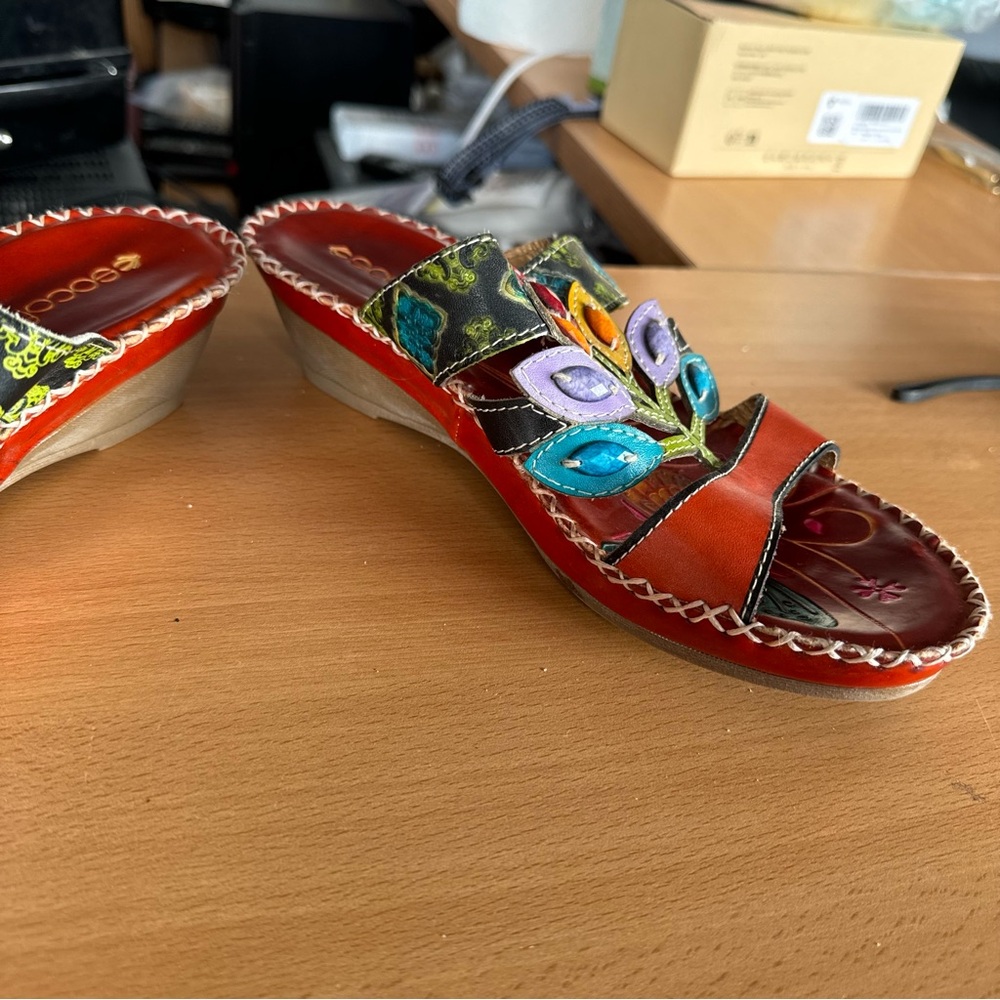 Socofy Leather Boho Floral Sandals Wedges - Picture 7 of 8